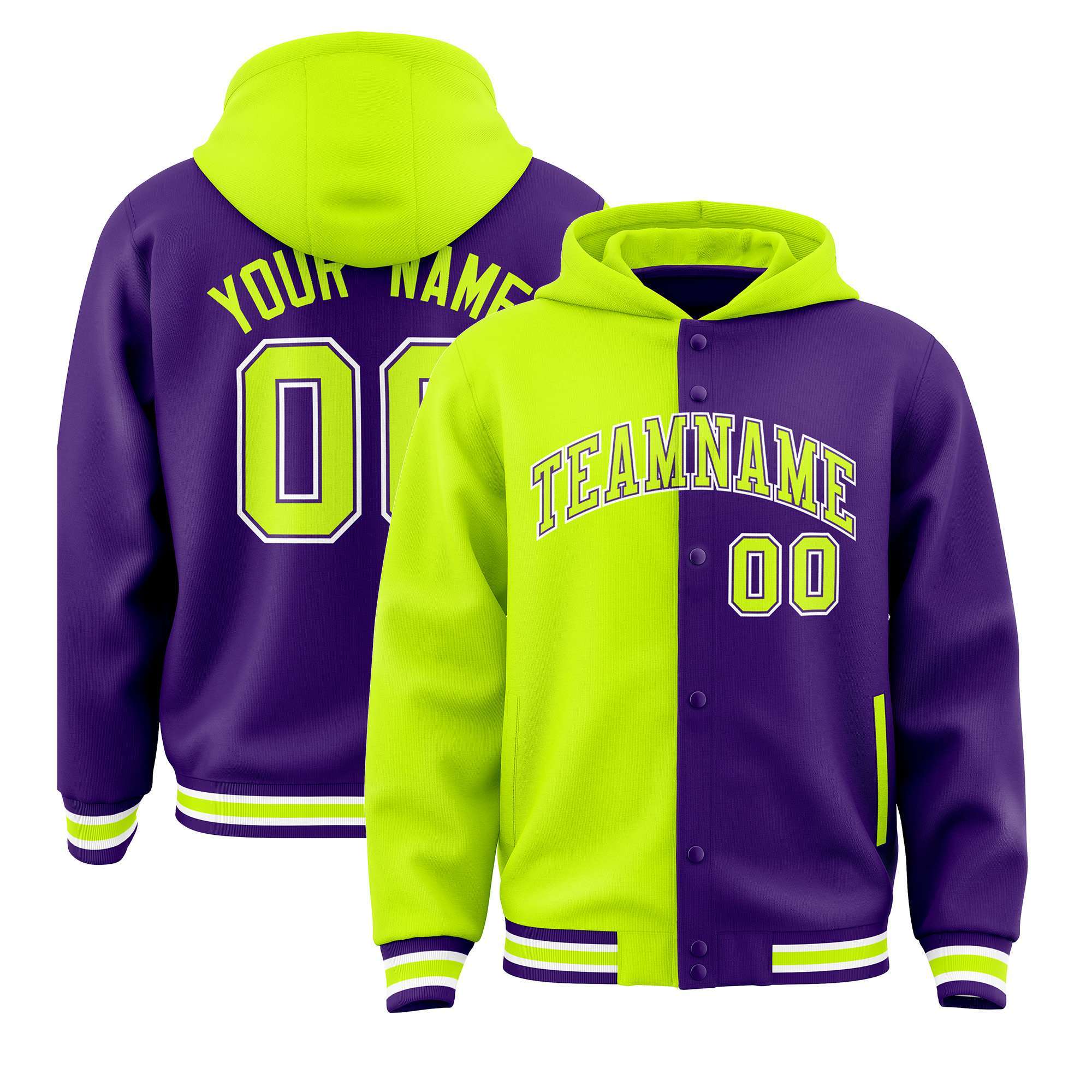 Custom Neon Green Purple Split Fashion Varsity Full-Snap Letterman Two Tone Hoodie Jacket