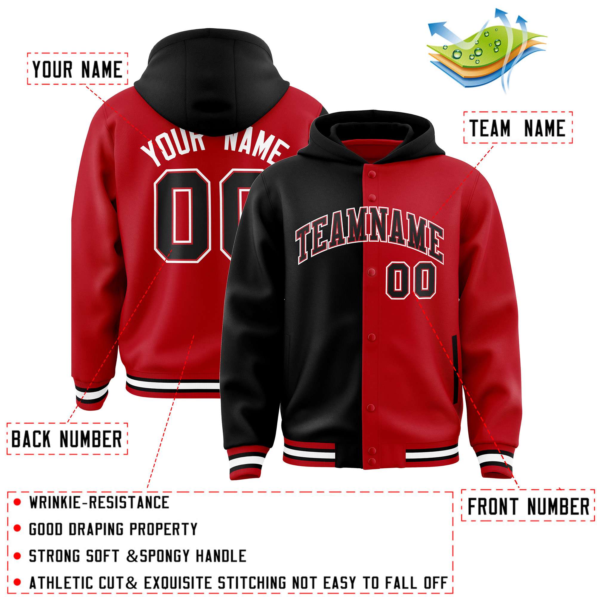 Custom Black Red Split Fashion Varsity Full-Snap Letterman Two Tone Hoodie Jacket