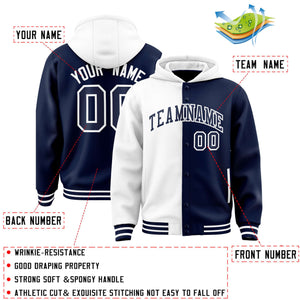 Custom White Navy Split Fashion Varsity Full-Snap Letterman Two Tone Hoodie Jacket