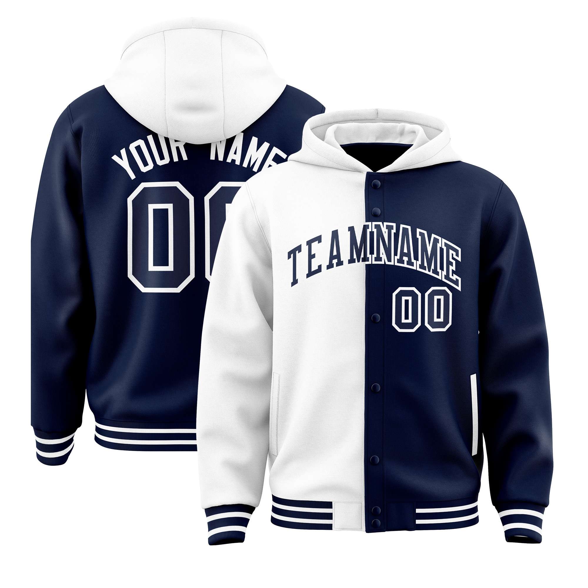 Custom White Navy Split Fashion Varsity Full-Snap Letterman Two Tone Hoodie Jacket