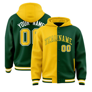 Custom Gold Green Split Fashion Varsity Full-Snap Letterman Two Tone Hoodie Jacket