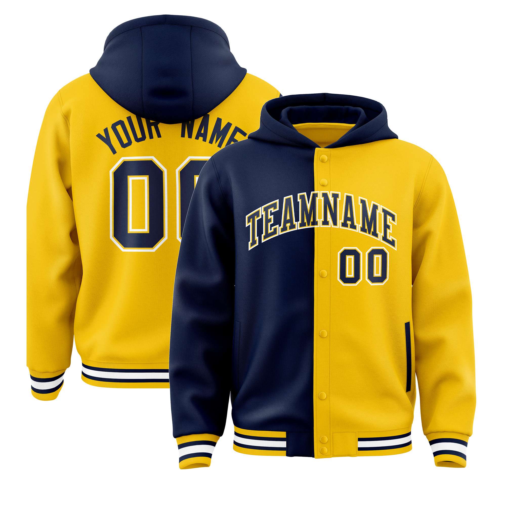 Custom Navy Gold Split Fashion Varsity Full-Snap Letterman Two Tone Hoodie Jacket