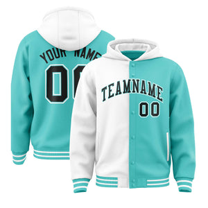 Custom White Bright Green Split Fashion Varsity Full-Snap Letterman Two Tone Hoodie Jacket