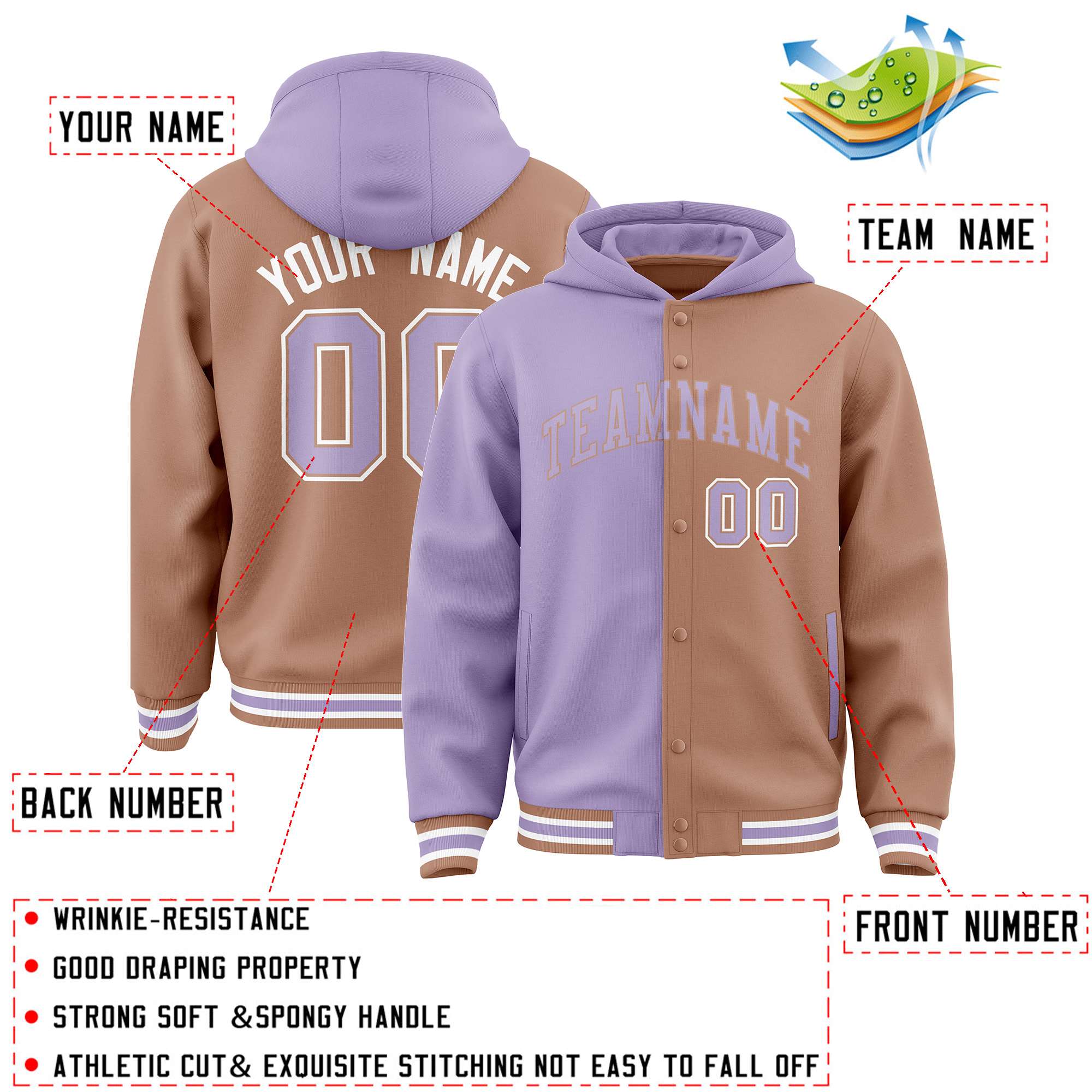 Custom Light Purple Light Brown Split Fashion Varsity Full-Snap Letterman Two Tone Hoodie Jacket