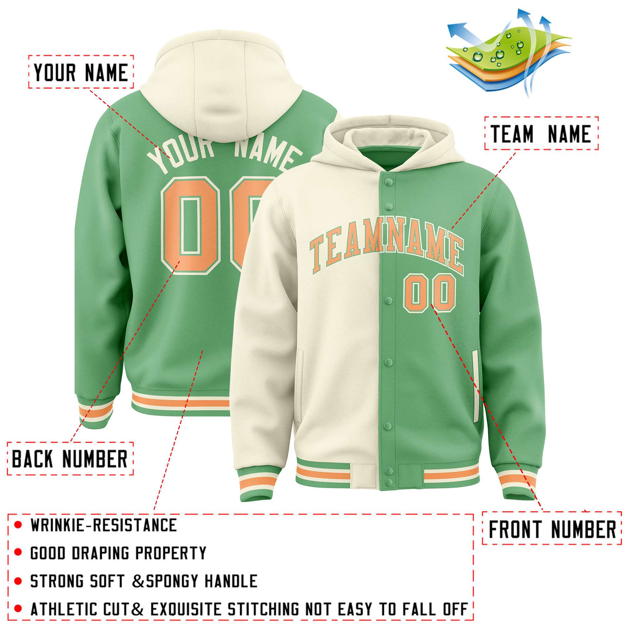 Custom Cream Green Split Fashion Varsity Full-Snap Letterman Two Tone Hoodie Jacket