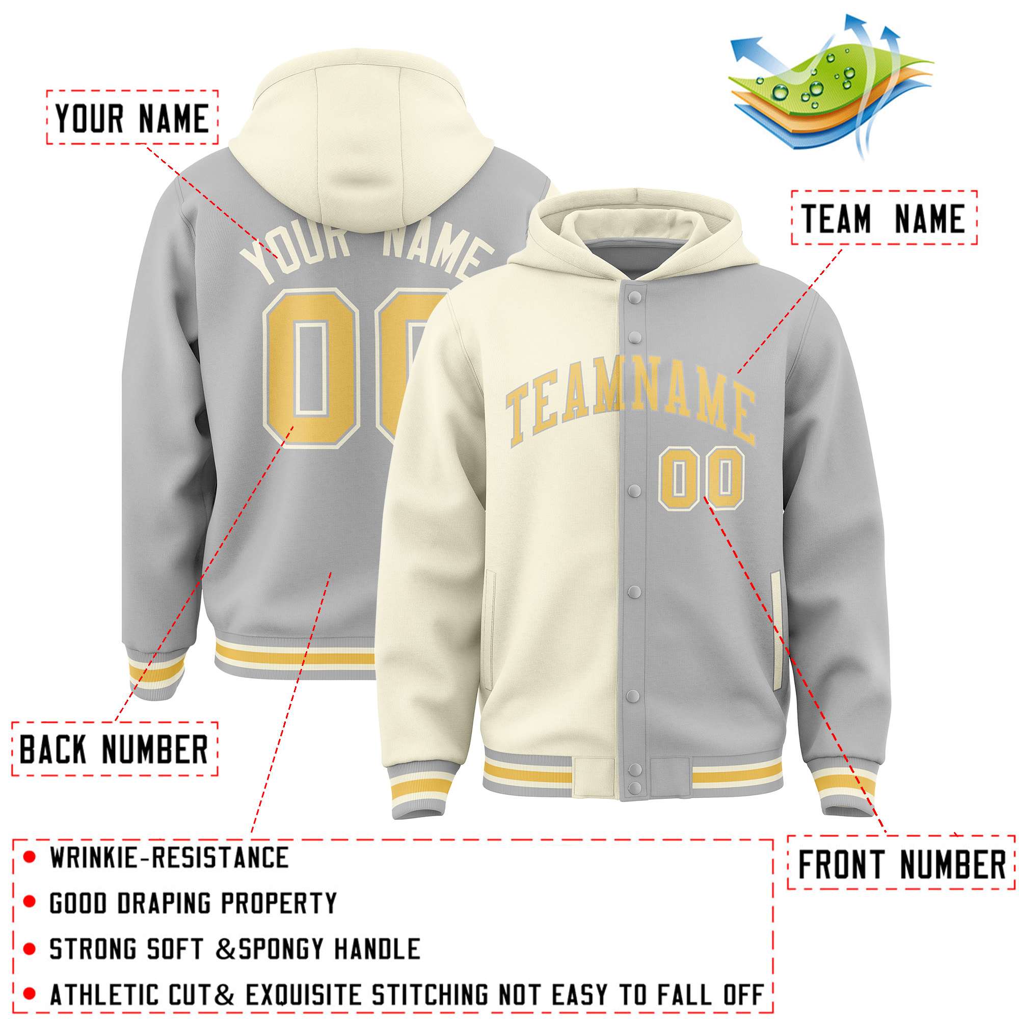 Custom Cream Gray Split Fashion Varsity Full-Snap Letterman Two Tone Hoodie Jacket