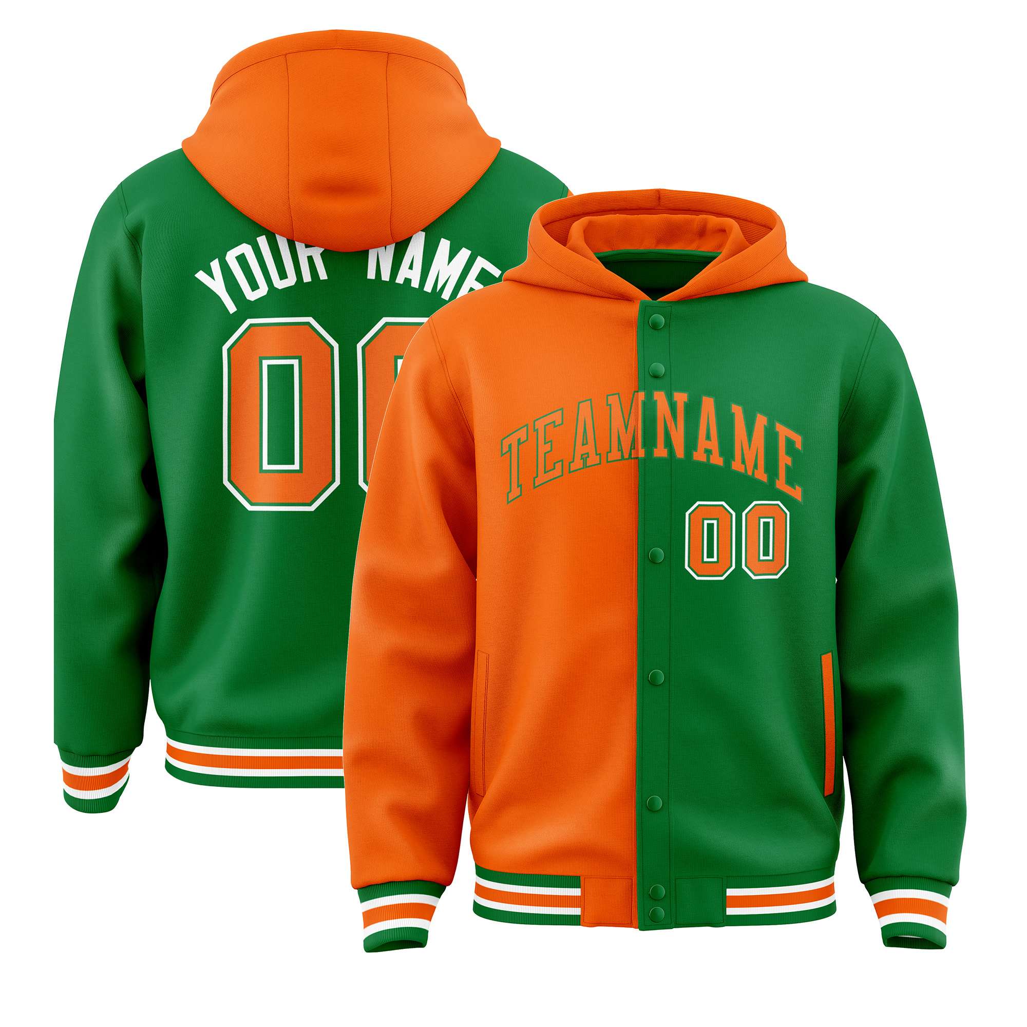 Custom Orange Kelly Green Split Fashion Varsity Full-Snap Letterman Two Tone Hoodie Jacket