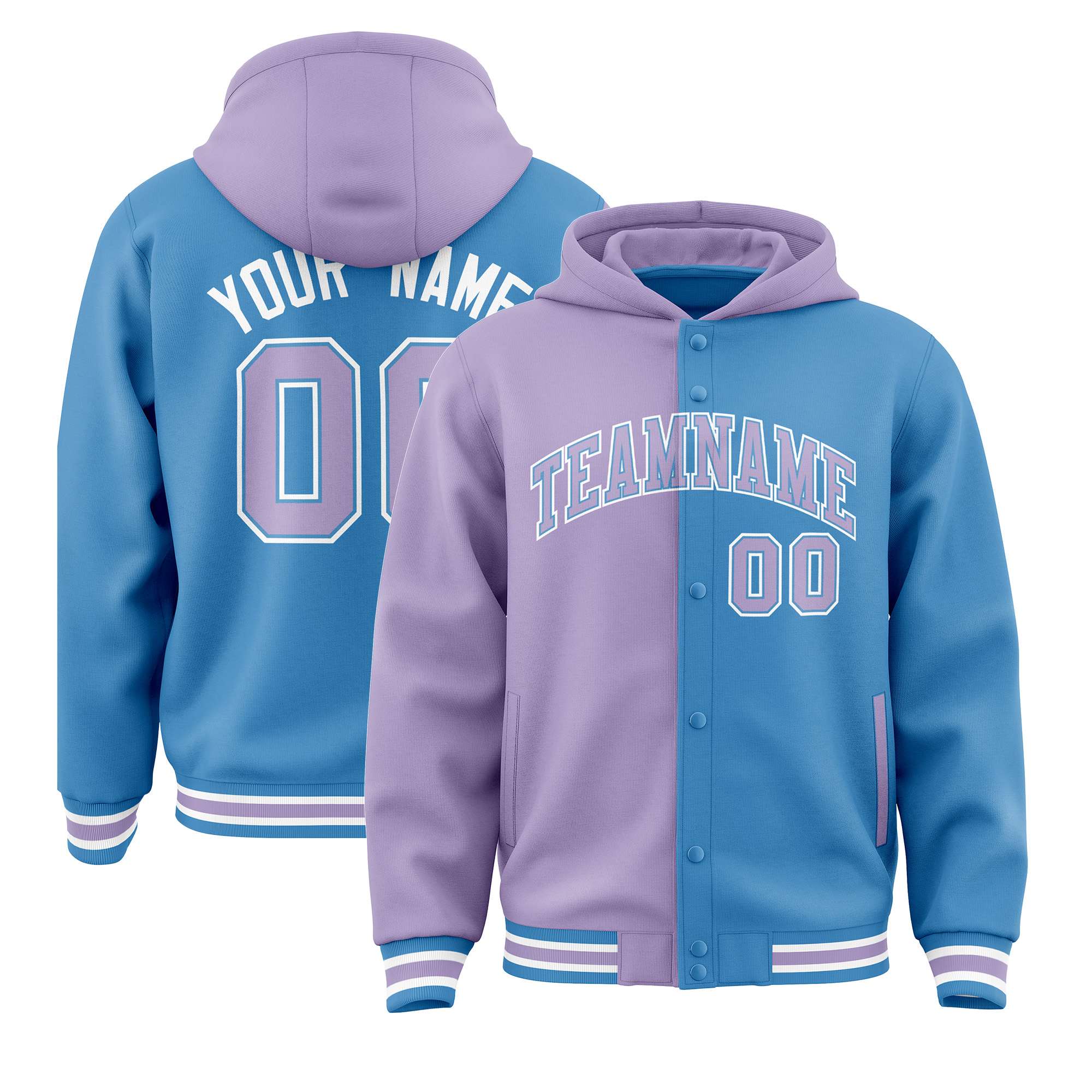 Custom Light Purple Powder Blue Split Fashion Varsity Full-Snap Letterman Two Tone Hoodie Jacket