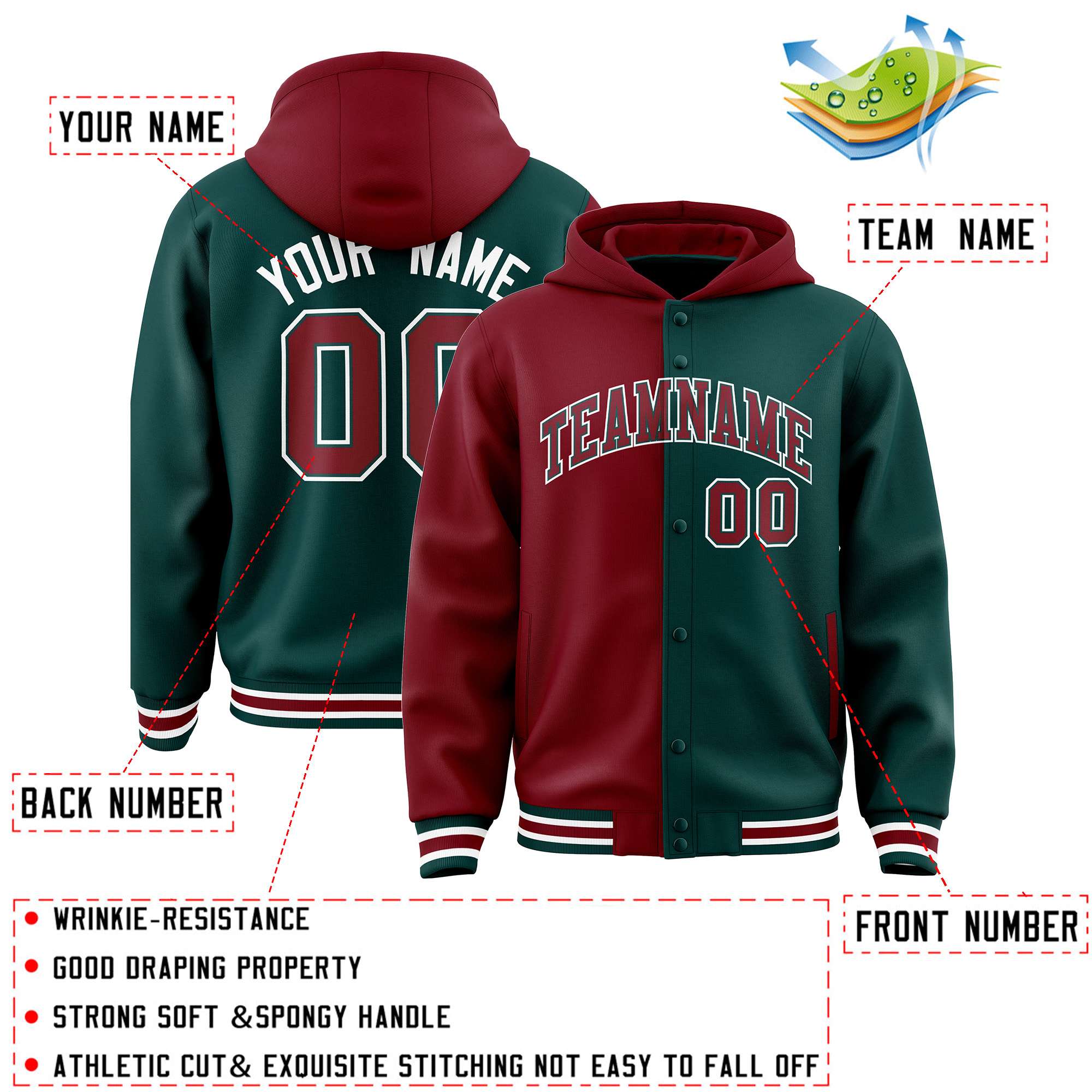 Custom Crimson Midnight Green Split Fashion Varsity Full-Snap Letterman Two Tone Hoodie Jacket