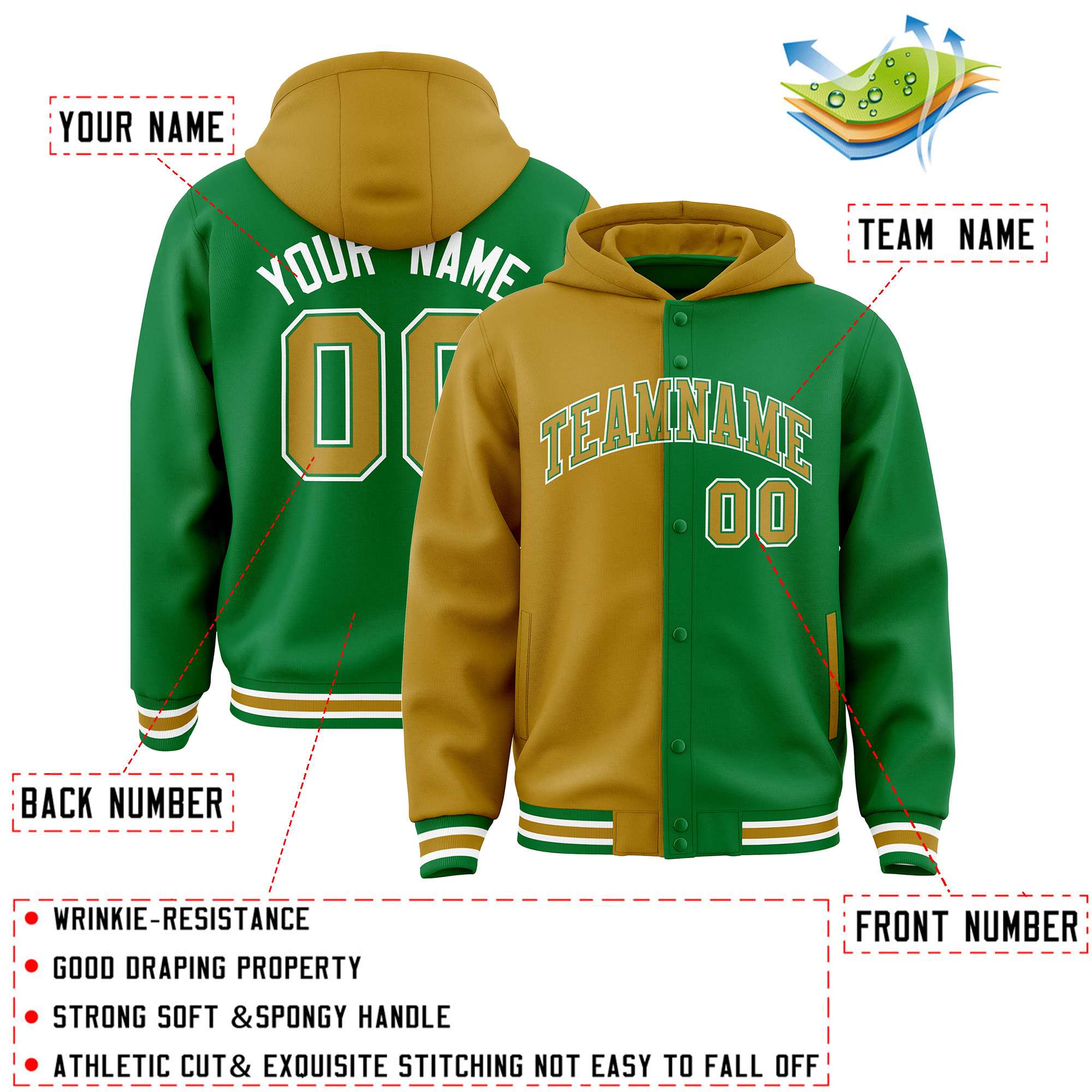 Custom Old Gold Kelly Green Split Fashion Varsity Full-Snap Letterman Two Tone Hoodie Jacket