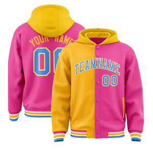 Custom Gold Pink Split Fashion Varsity Full-Snap Letterman Two Tone Hoodie Jacket