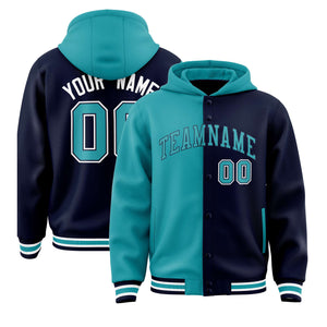 Custom Aqua Navy Split Fashion Varsity Full-Snap Letterman Two Tone Hoodie Jacket