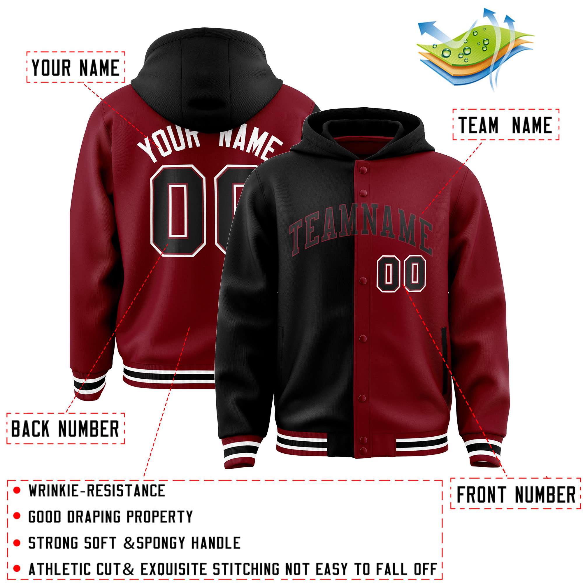 Custom Black Crimson Split Fashion Varsity Full-Snap Letterman Two Tone Hoodie Jacket