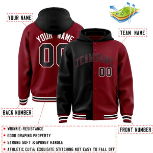 Custom Black Crimson Split Fashion Varsity Full-Snap Letterman Two Tone Hoodie Jacket