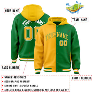 Custom Gold Kelly Green Split Fashion Varsity Full-Snap Letterman Two Tone Hoodie Jacket