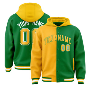 Custom Gold Kelly Green Split Fashion Varsity Full-Snap Letterman Two Tone Hoodie Jacket