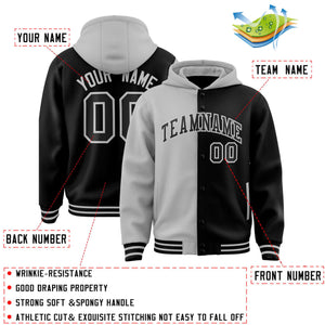 Custom Gray Black Split Fashion Varsity Full-Snap Letterman Two Tone Hoodie Jacket