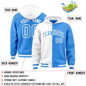 Custom White Powder Blue Split Fashion Varsity Full-Snap Letterman Two Tone Hoodie Jacket