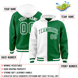 Custom White Kelly Green Split Fashion Varsity Full-Snap Letterman Two Tone Hoodie Jacket