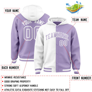 Custom White Light Purple Split Fashion Varsity Full-Snap Letterman Two Tone Hoodie Jacket