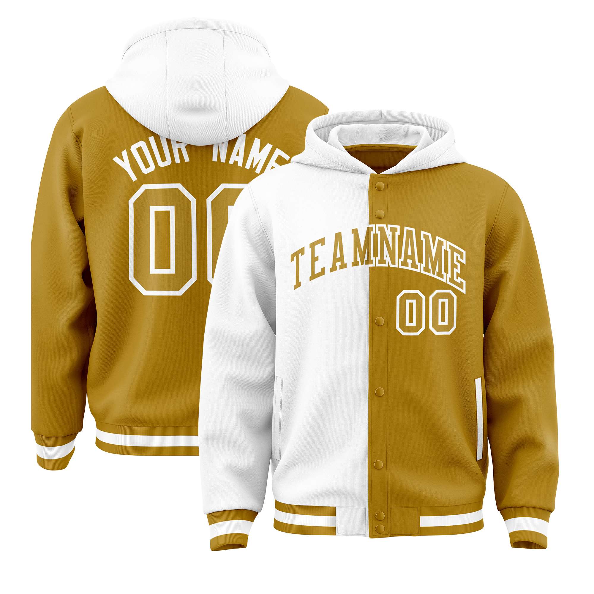 Custom White Old Gold Split Fashion Varsity Full-Snap Letterman Two Tone Hoodie Jacket