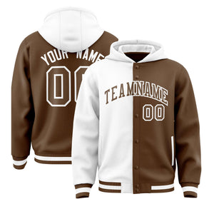 Custom White Light Brown Split Fashion Varsity Full-Snap Letterman Two Tone Hoodie Jacket