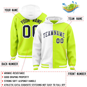 Custom White Neon Green Split Fashion Varsity Full-Snap Letterman Two Tone Hoodie Jacket