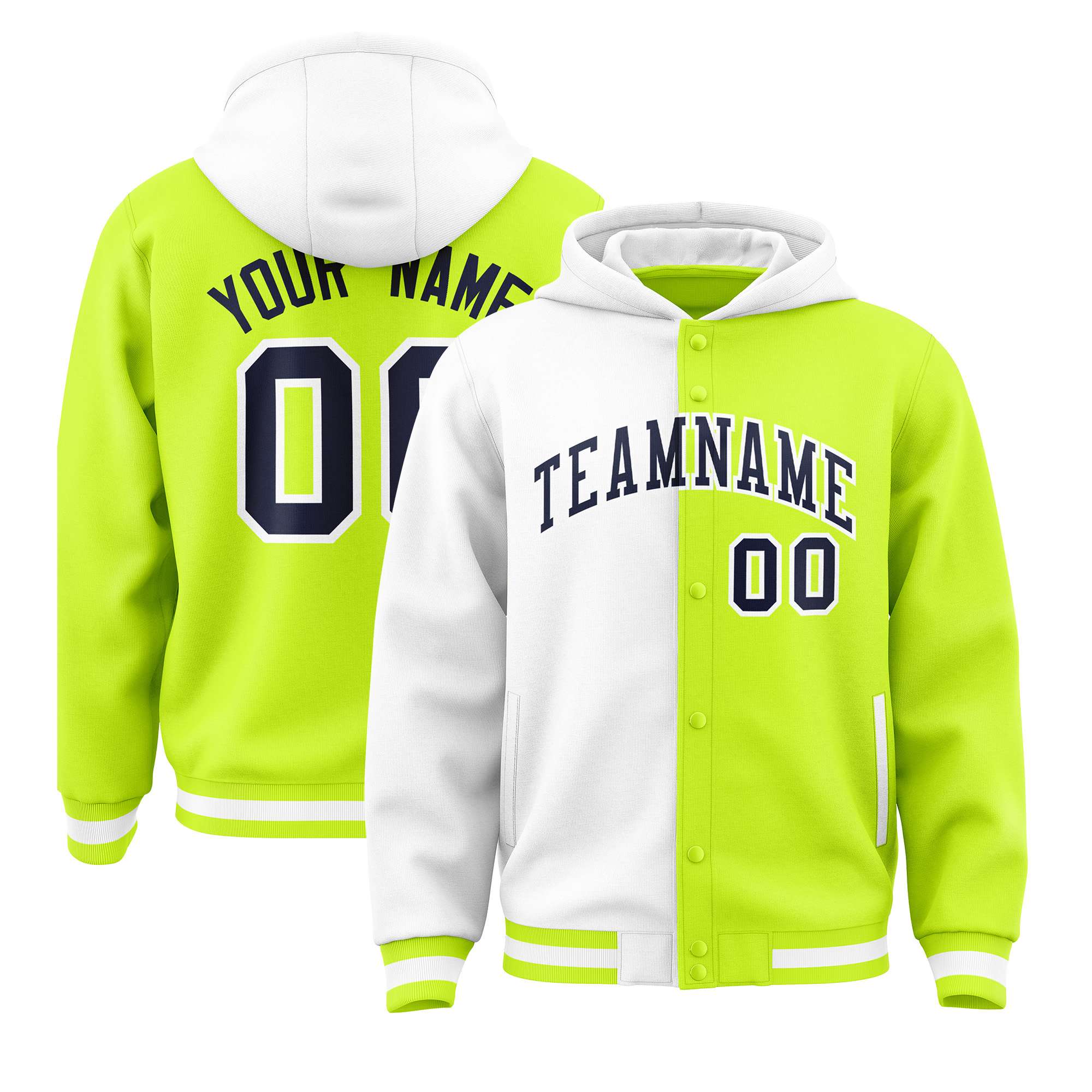 Custom White Neon Green Split Fashion Varsity Full-Snap Letterman Two Tone Hoodie Jacket