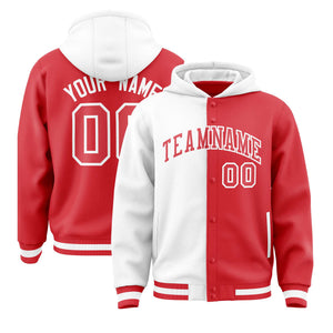 Custom White Light Red Split Fashion Varsity Full-Snap Letterman Two Tone Hoodie Jacket