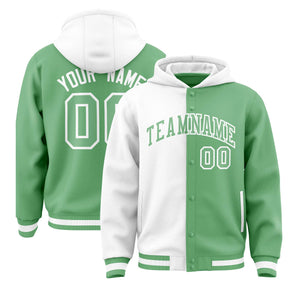 Custom White Green Split Fashion Varsity Full-Snap Letterman Two Tone Hoodie Jacket