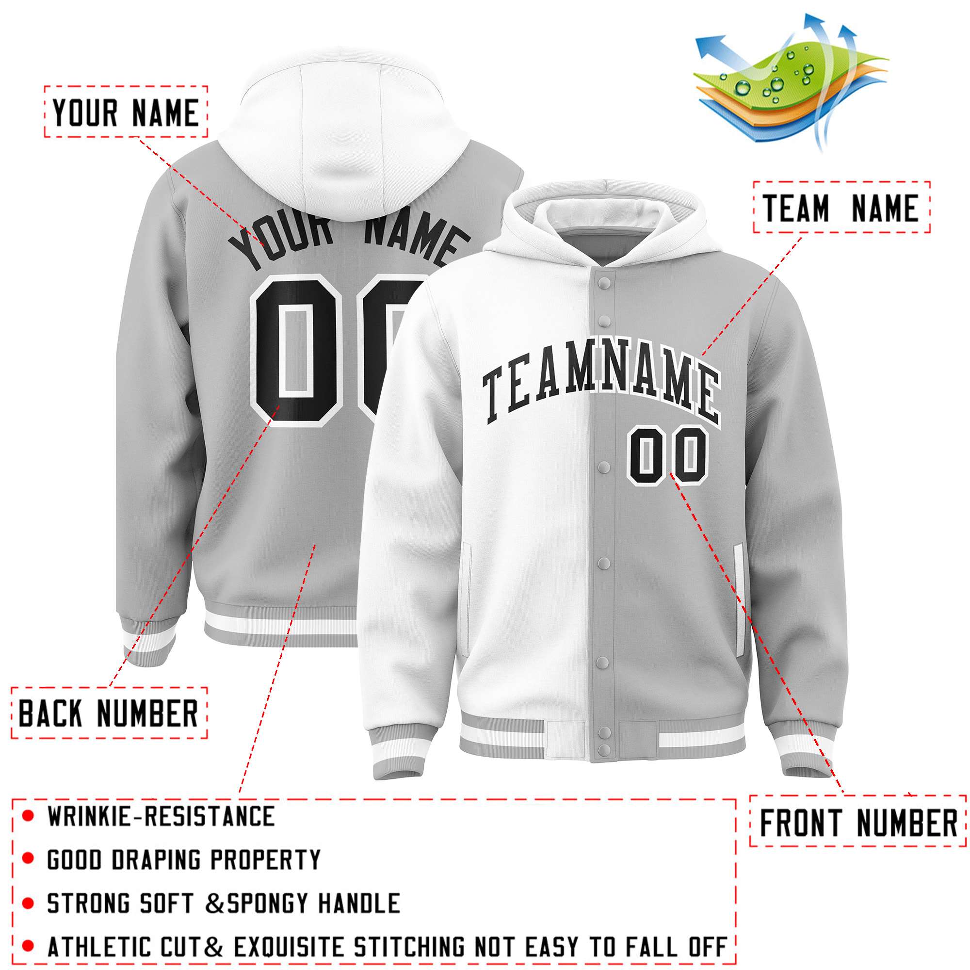 Custom White Gray Split Fashion Varsity Full-Snap Letterman Two Tone Hoodie Jacket