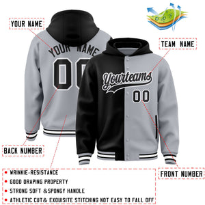 Custom Black Gray Split Fashion Varsity Full-Snap Letterman Two Tone Hoodie Jacket