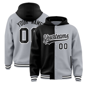 Custom Black Gray Split Fashion Varsity Full-Snap Letterman Two Tone Hoodie Jacket