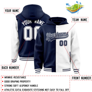 Custom Navy White Split Fashion Varsity Full-Snap Letterman Two Tone Hoodie Jacket