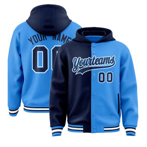 Custom Navy Powder Blue Split Fashion Varsity Full-Snap Letterman Two Tone Hoodie Jacket