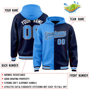 Custom Powder Blue Navy Split Fashion Varsity Full-Snap Letterman Two Tone Hoodie Jacket