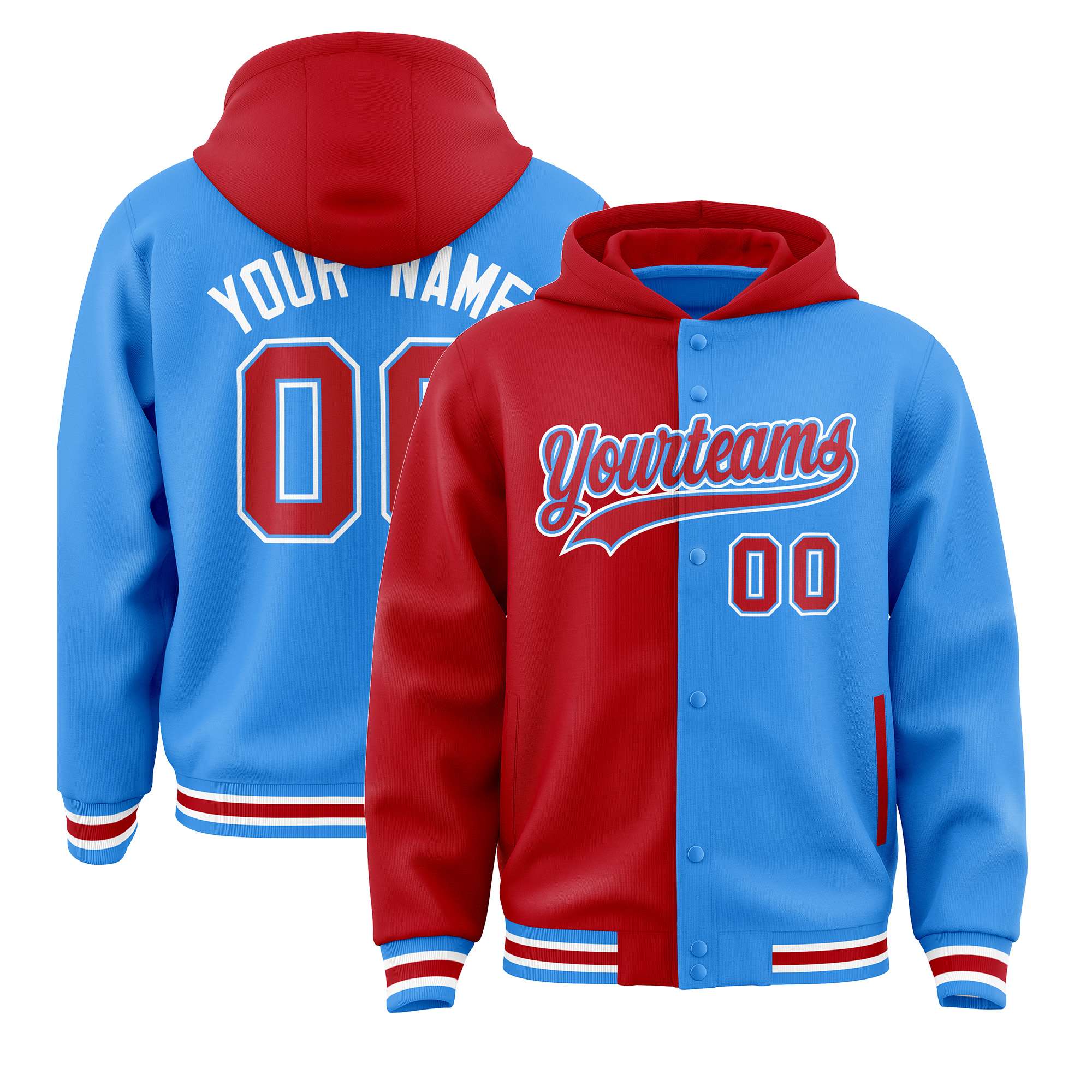 Custom Red Powder Blue Split Fashion Varsity Full-Snap Letterman Two Tone Hoodie Jacket