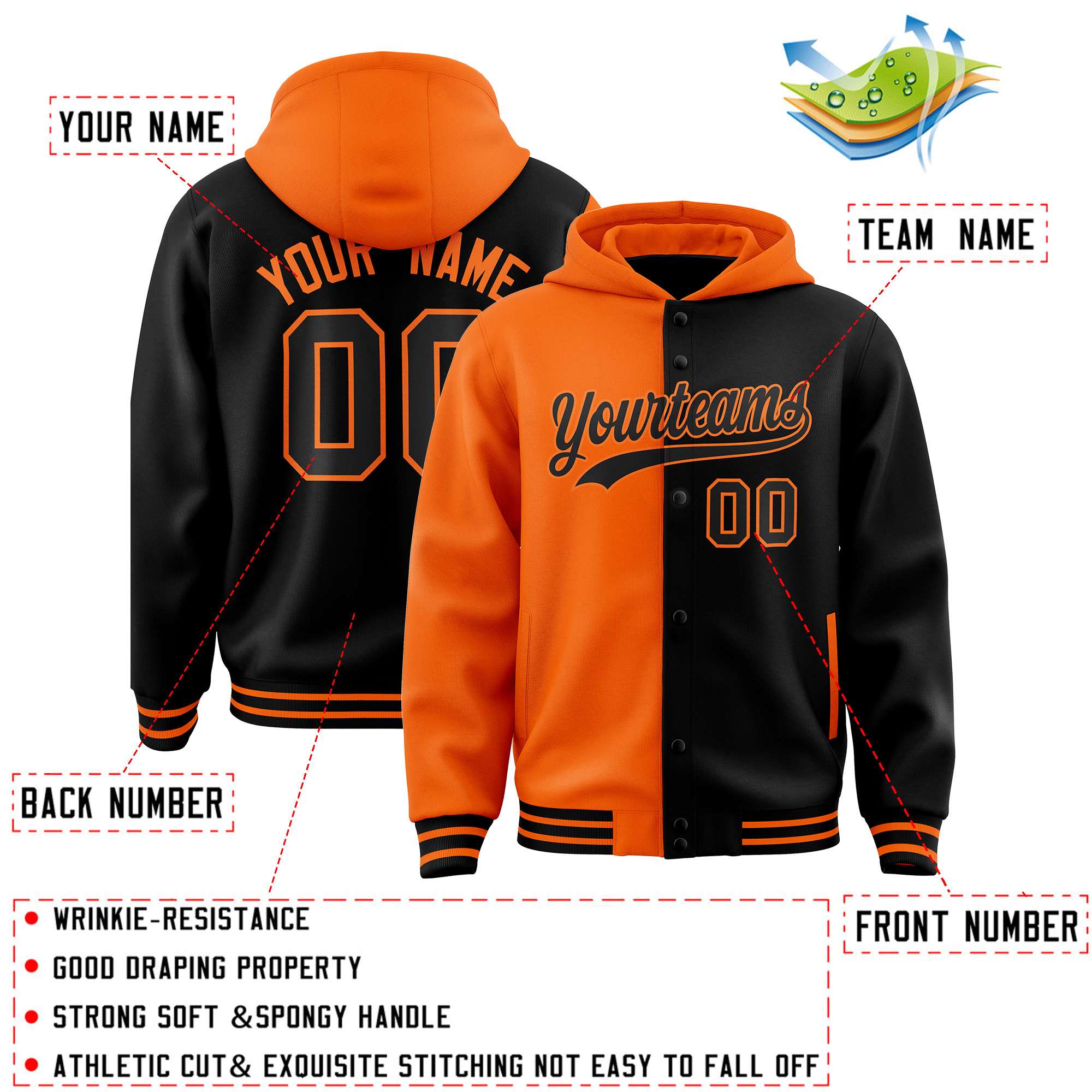 Custom Orange Black Split Fashion Varsity Full-Snap Letterman Two Tone Hoodie Jacket