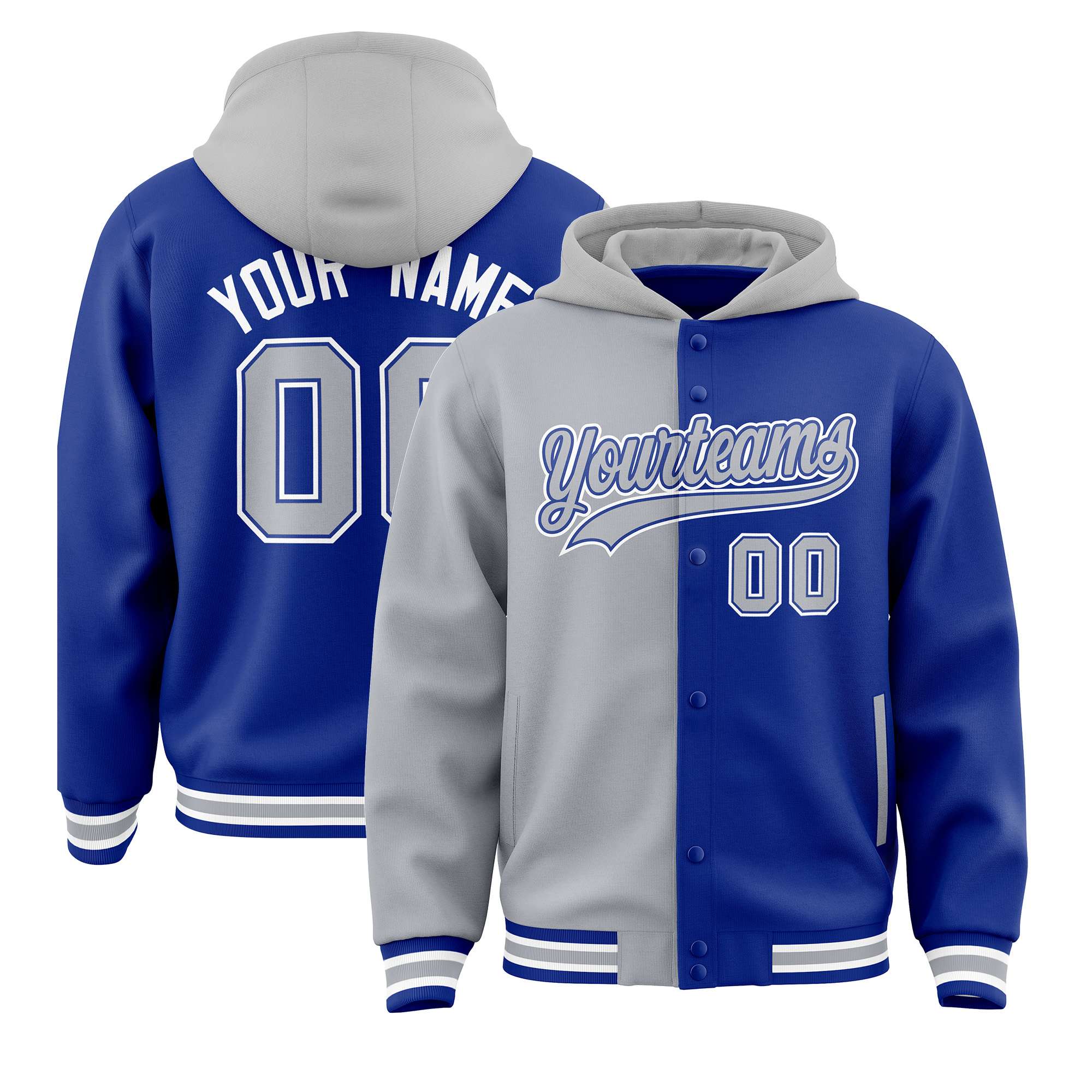 Custom Gray Royal Split Fashion Varsity Full-Snap Letterman Two Tone Hoodie Jacket