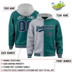 Custom Gray Aqua Split Fashion Varsity Full-Snap Letterman Two Tone Hoodie Jacket