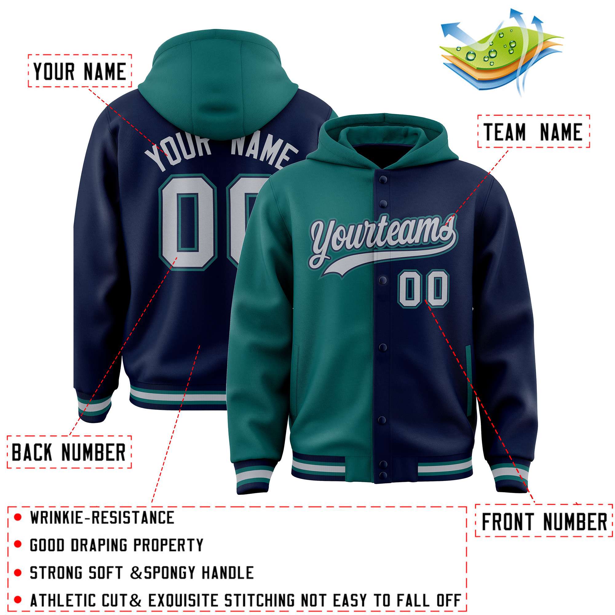 Custom Aqua Navy Split Fashion Varsity Full-Snap Letterman Two Tone Hoodie Jacket