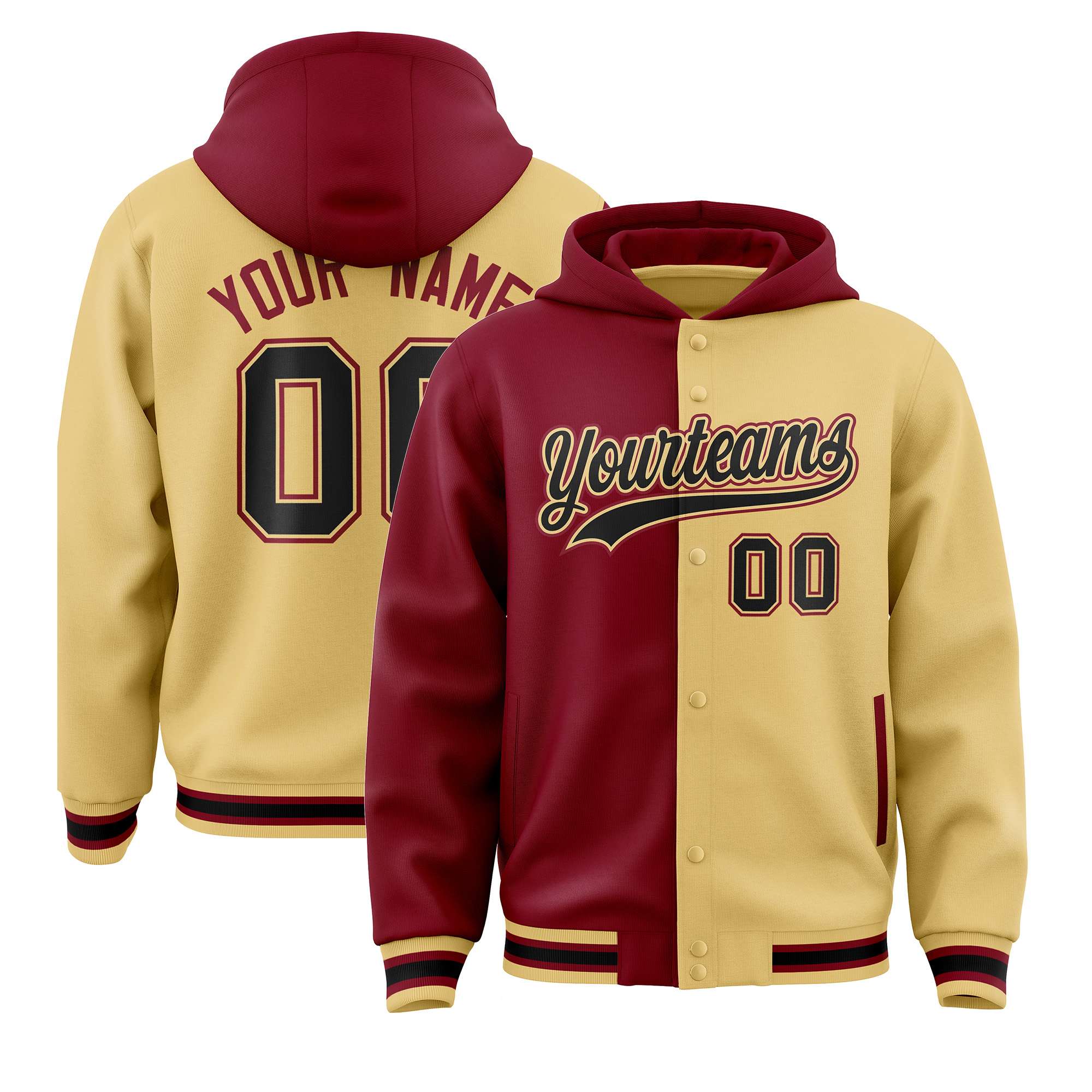 Custom Crimson Khaki Split Fashion Varsity Full-Snap Letterman Two Tone Hoodie Jacket