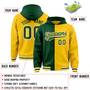 Custom Green Gold Split Fashion Varsity Full-Snap Letterman Two Tone Hoodie Jacket