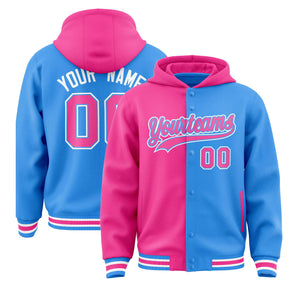 Custom Pink Powder Blue Split Fashion Varsity Full-Snap Letterman Two Tone Hoodie Jacket