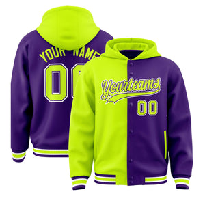 Custom Neon Green Purple Split Fashion Varsity Full-Snap Letterman Two Tone Hoodie Jacket