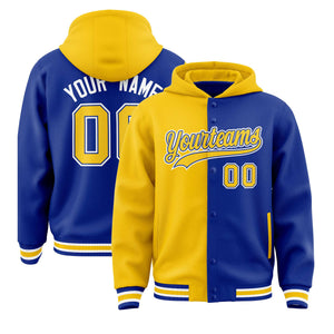 Custom Gold Royal Split Fashion Varsity Full-Snap Letterman Two Tone Hoodie Jacket