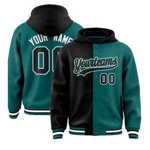 Custom Black Aqua Split Fashion Varsity Full-Snap Letterman Two Tone Hoodie Jacket