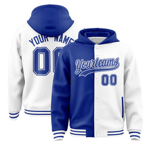 Custom Royal White Split Fashion Varsity Full-Snap Letterman Two Tone Hoodie Jacket