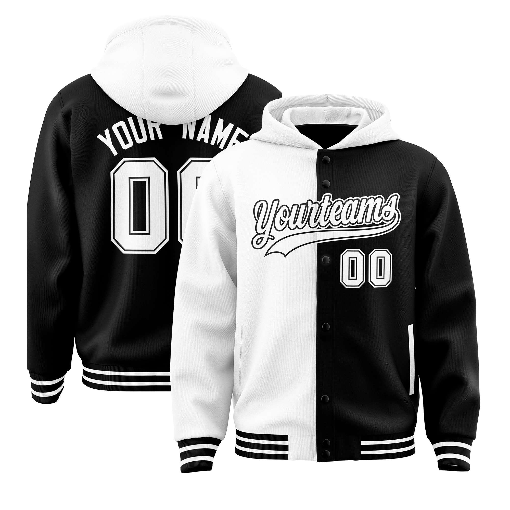 Custom White Black Split Fashion Varsity Full-Snap Letterman Two Tone Hoodie Jacket