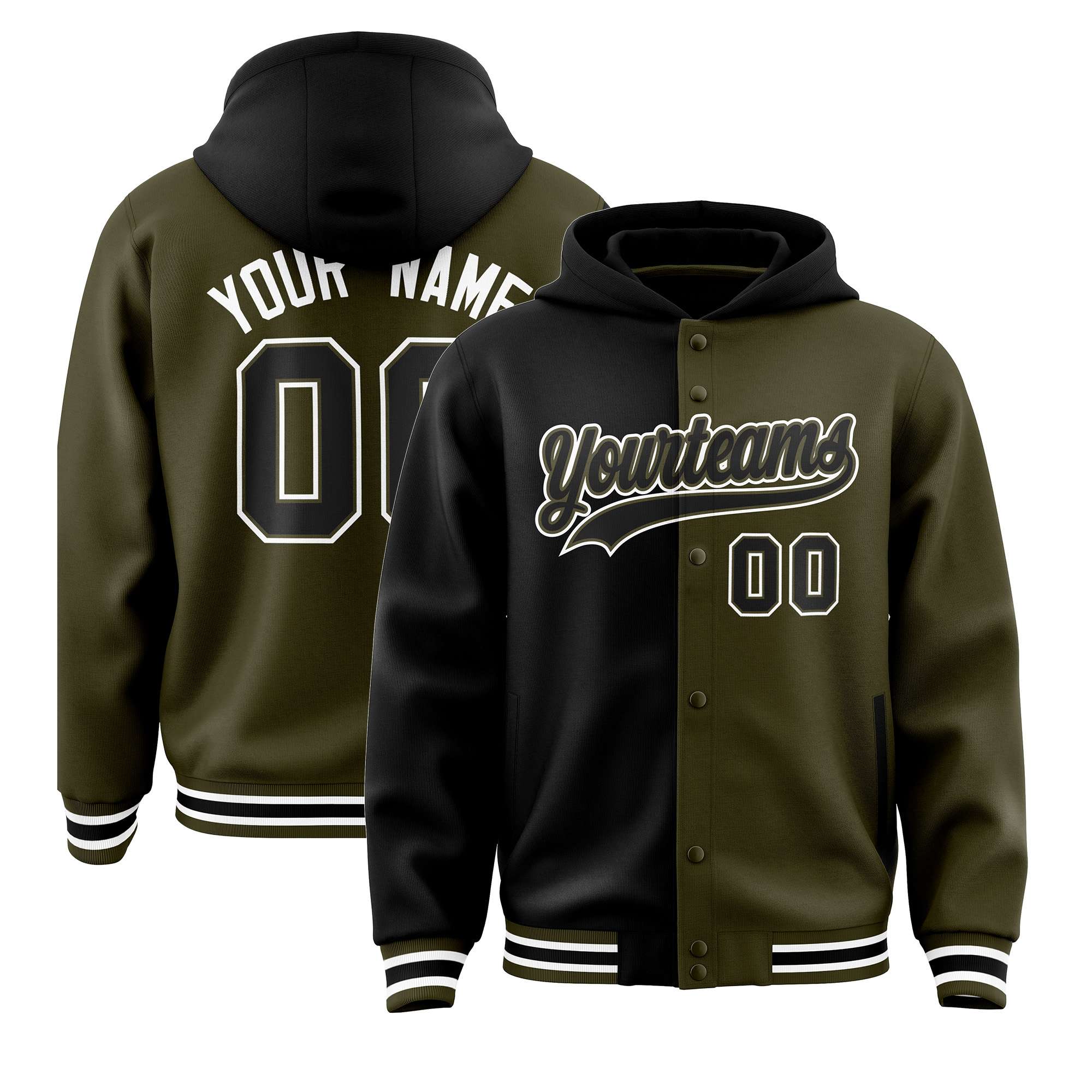 Custom Black Olive Split Fashion Varsity Full-Snap Letterman Two Tone Hoodie Jacket